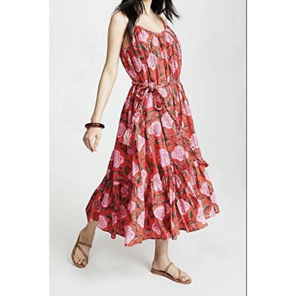 Rhode Resort Womens Lea Dress Medium Floral Midi Ruffle Hem Pink/Red‎ NO BELT - Picture 1 of 12